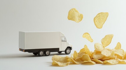 Delivery Truck Surrounded by Flying Potato Chips on White Background