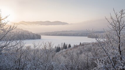 Serene Winter Landscape with Snow-Covered Lake and Mountains