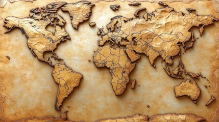 Antique World Map with Embossed Continents