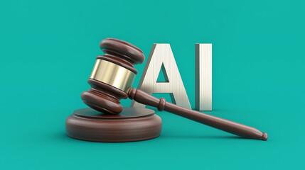 Gavel next to AI typography isolated on teal background. Concept of AI ethics, copyrights