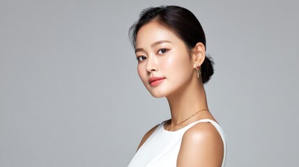 
Minimalist fashion portrait of an Asian woman with porcelain skin, soft bun, elegant jewelry, and tranquil gaze, lit with professional softness.