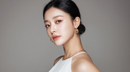 Stylish Asian model with timeless beauty and subtle expression, hair in low bun, dressed in white and gold, softly lit in a neat modern studio. 