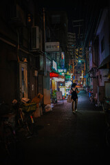 Woman Walking Down a Back Alley at Night in Japan