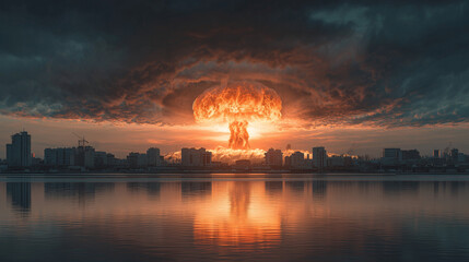 atomic bomb explosion with a big mushroom cloud. Nuclear explosion against the backdrop of a large city on the sea or ocean. Sunset. Apocalypse. War. Nuclear threat. Third World War.