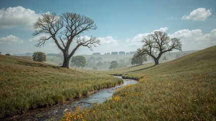 Rolling Hills and Winding Stream in a Peaceful Countryside