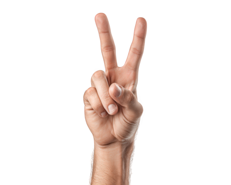 Hand showing peace sign with two fingers raised, symbolizing harmony and positivity. image features close up of hand against transparent background, emphasizing gesture significance