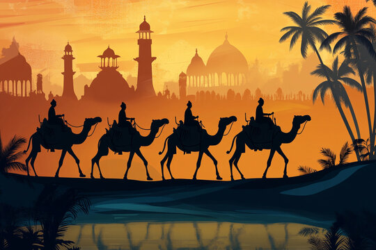 Traditional Mughal, camel caravan, vector style