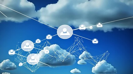 Cloud-based network connections with user icons and data lines against a blue sky with clouds - Powered by Adobe