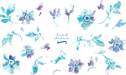 水彩画。水彩タッチの水色植物イラスト。水彩のベクター化している夏の葉っぱ素材。夏の植物フレーム背景。Watercolor painting. Water color plant illustration with watercolor touch. Watercolor vectorized summer leaves. Summer plants frame background.