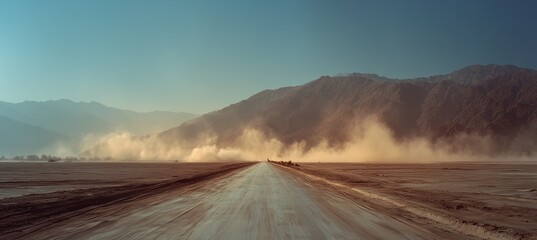 Vast panoramic desert landscape with distant mountains and a straight road leading to the horizon, featuring dust clouds, dry terrain, and atmospheric particles under a muted, cinematic tone