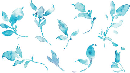 水彩画。水彩タッチの水色植物イラスト。水彩のベクター化している夏の葉っぱ素材。夏の植物フレーム背景。Watercolor painting. Water color plant illustration with watercolor touch. Watercolor vectorized summer leaves. Summer plants frame background.