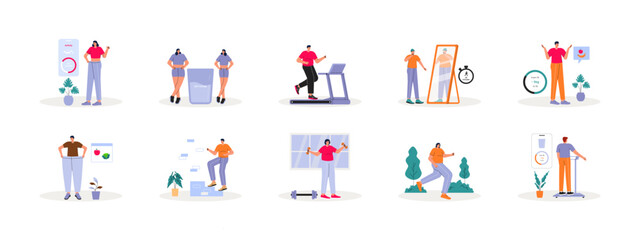 Weight loss illustrations set. Flat vector Illustration.