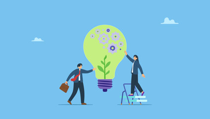 Business people touch light bulb with seedling green plant and governance gear. ESG, Environmental, Social and Corporate Governance, company responsibility to care world environment and people.