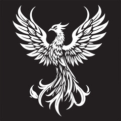 Fototapeta premium Black and white vector art illustration, antique style, of a phoenix silhouette rising in a majestic pose, wings spread, tribal-inspired tattoo design, detailed line art.