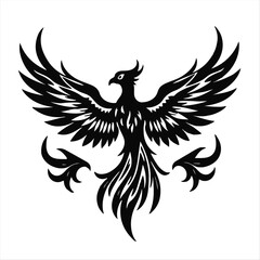 Obraz premium Detailed black and white vector art depicting a phoenix silhouette in a majestic pose, wings spread wide, rising from abstract flame-shaped feathers, tribal tattoo design.