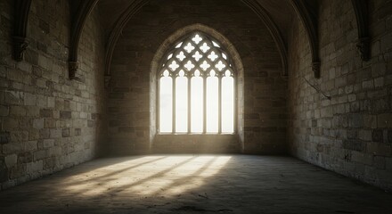 Fototapeta premium Empty room, Arched Window Inside A Medieval European Castle