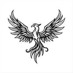 Obraz premium A majestic phoenix silhouette, wings spread, rising from flames rendered as abstract feather shapes, in a classic black and white tribal tattoo style.