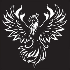 Fototapeta premium Detailed black and white vector art depicts a phoenix silhouette in a majestic pose, wings spread wide. Flames are stylized as abstract tribal-inspired feather shapes.