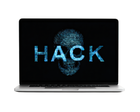 HACK, skull, blue digital text, and cyber threat displayed on laptop screen, symbolizing hacking, cybersecurity risk, and digital crime in modern technology environment