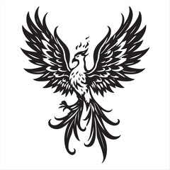 Obraz premium High-resolution stock photo A classic black and white silhouette of a majestic phoenix rising, wings spread wide, flames forming abstract feather shapes. Tribal-inspired tattoo design, detailed vector