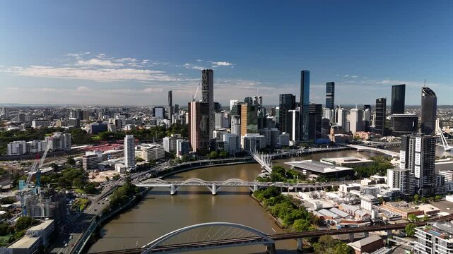 Brisbane CBD, Queensland, Australia: 4K Aerial Drone Footage of Modern City Skyline, Skyscrapers, Brisbane River, Bridges, Highway, South Bank, Waterfront and Parklands
