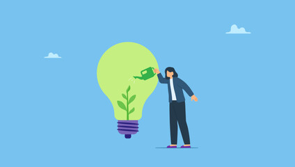 Smart businesswoman watering seedling sprout growing inside green lightbulb idea. Symbolizes ecology and sustainable business, green idea or protection against world climate change, environmental care