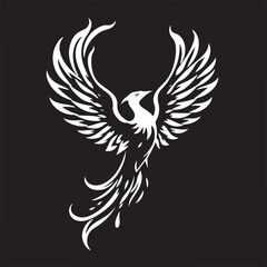 Timeless and elegant black and white silhouette of a phoenix rising, wings spread wide. Flames are depicted as abstract tribal feather shapes in a detailed vector art style.  Classic flat design.
