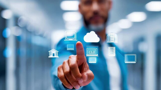 Professional touching cloud computing interface with connected device icons. Digital technology concept for business data storage, network connectivity and modern healthcare solutions integration. - Powered by Adobe