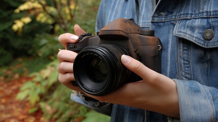Fototapeta premium Person holding a DSLR camera with a flash attached outdoors in a natural setting