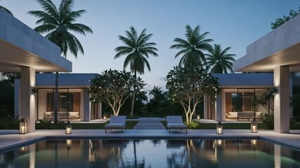 Luxury modern villa with seamless indoor outdoor living and pool at dusk with palm trees