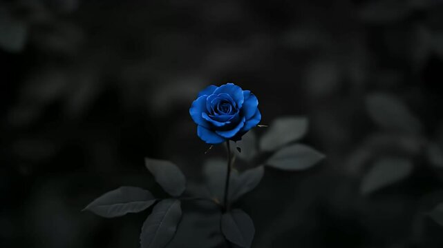 Single blue rose in dark garden.