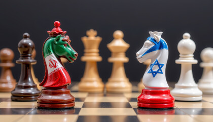 Naklejka premium Chess knight pieces with national flag colors facing each other chessboard, symbolizing geopolitical tension and strategic