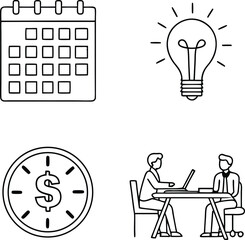 "Set of Business Line Icons Including Calendar, Light Bulb, Time Money, and Office Meeting"