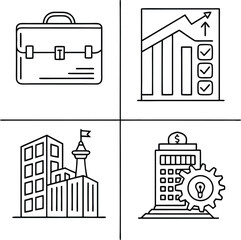"Set of Business and Finance Line Icons Including Briefcase, Growth Chart, Office, and Bank Building"