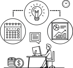 "Minimalist Business Concept Vector Featuring Employee at Desk, Financial Growth Chart, Lightbulb Idea, Schedule Planner, and Communication Icon"

