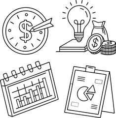 "Set of Business and Finance Line Icons Including Money Target, Light Bulb, and Graphs"
