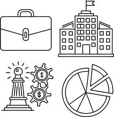 "Minimalist Business Line Icon Set Featuring Briefcase, Corporate Building, Strategy Pillar, Gear with Dollar Sign, and Pie Chart for Office and Finance Use"