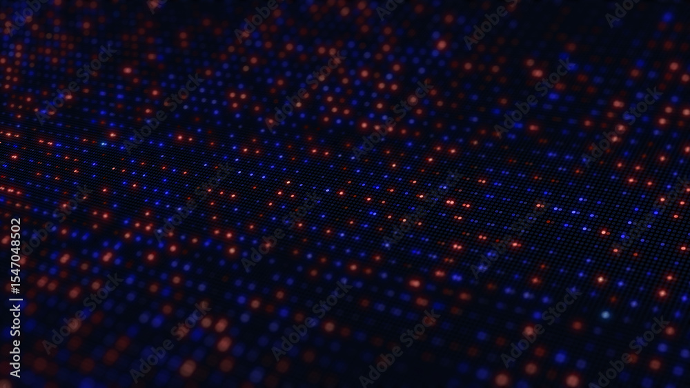 Poster abstract technology background featuring a grid matrix of glowing blue and red dots, representing da