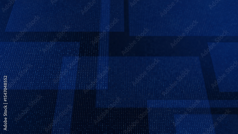 Poster dark blue abstract background with a digital grid pattern and translucent geometric shapes, conveyin
