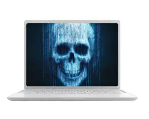 Blue digital skull symbol on white laptop screen, representing cyber threat, hacking, or computer virus, with transparency background and glitch effect, evoking sense of danger