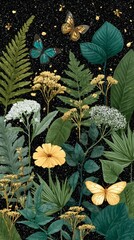 Obraz premium Elegant Botanical Illustration Butterflies Flowers Gold on Black