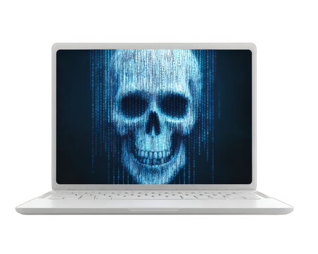 Blue digital skull symbol on white laptop screen, representing cyber threat, hacking, or computer virus, with transparency background and glitch effect, evoking sense of danger