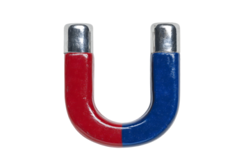 Close up of a red and blue horseshoe magnet.