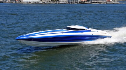 Obraz premium A sleek blue and white hydroplane speeds across the water, creating a trail of white foam behind it