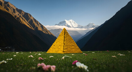 Majestic Mountain Landscape with Yellow Pyramid in Valley