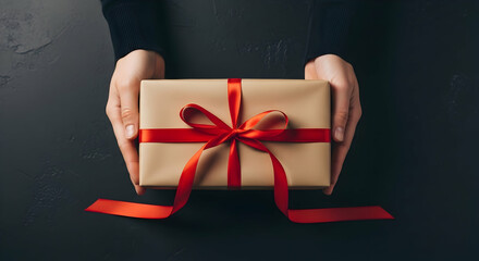 Elegant Gift Wrapping with Red Ribbon and Brown Paper