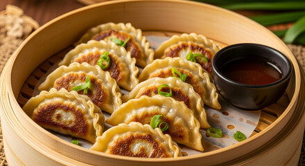 Delicious Dumplings with Soy Sauce and Green Onions