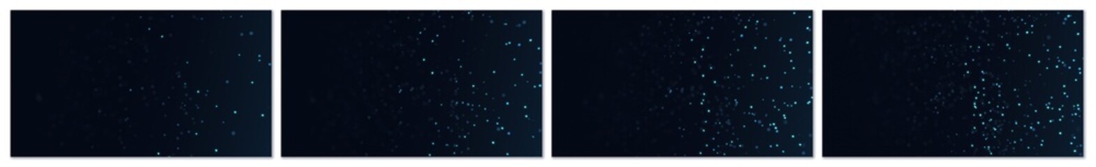 Technology background set of 4 evolving dark abstract panels with glowing blue particles, lines, and connections forming a network or plexus structure, perfect for digital themes, 3D render.
