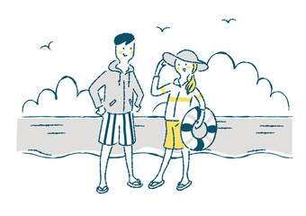 海水浴を楽しむカップルの手描きイラスト（少ない色）