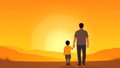 Father and Son Silhouette Walking Into a Sunset, Symbolizing Guidance and Togetherness. A heartwarming scene of a father and son holding hands. Father's day background for messages.